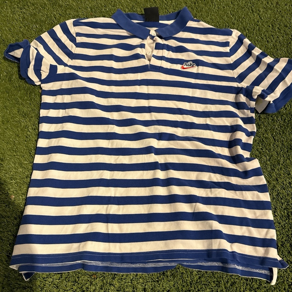 Nike Blue and White Striped Polo Shirt